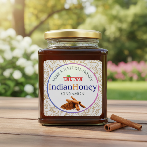 Jar of cinnamon honey outdoors