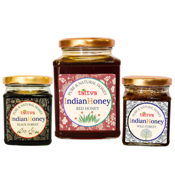 Rare Red Honey, Wild Forest Honey, & Dark Black Forest Honey Triple Combo Pack (500gm + 2x230gm) | Indian Honey Rare Red Honey, Wild Forest Honey, & Dark Black Forest Honey Triple Combo Pack (500gm + 2x230gm)
